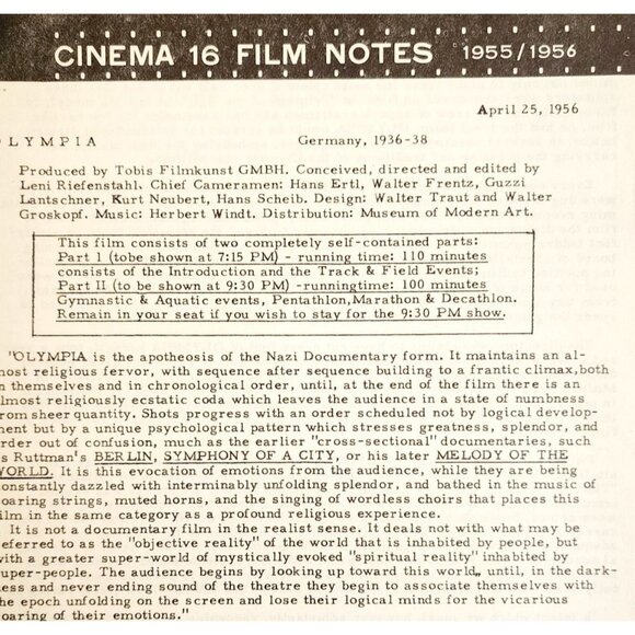 1956 Cinema 16 Film Notes Olympia Riefenstahl WW2 Germany Doc Original C99 - Picture 1 of 3